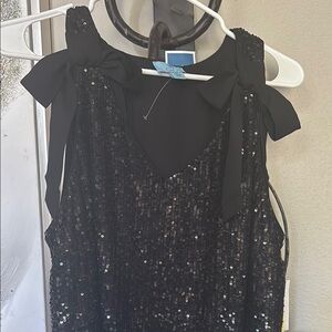 Black Sequin Sleeveless Top with Bow Straps